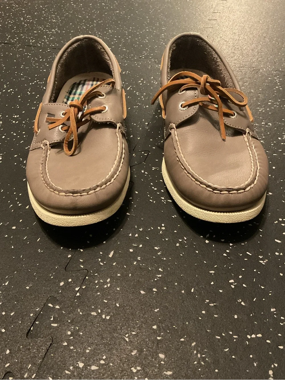 Sperry Men's Gray Leather Boat Shoes with Tan Laces